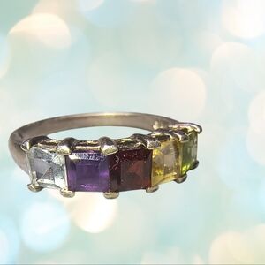 Vintage Multi Gemstone And Sterling Silver Band Ring